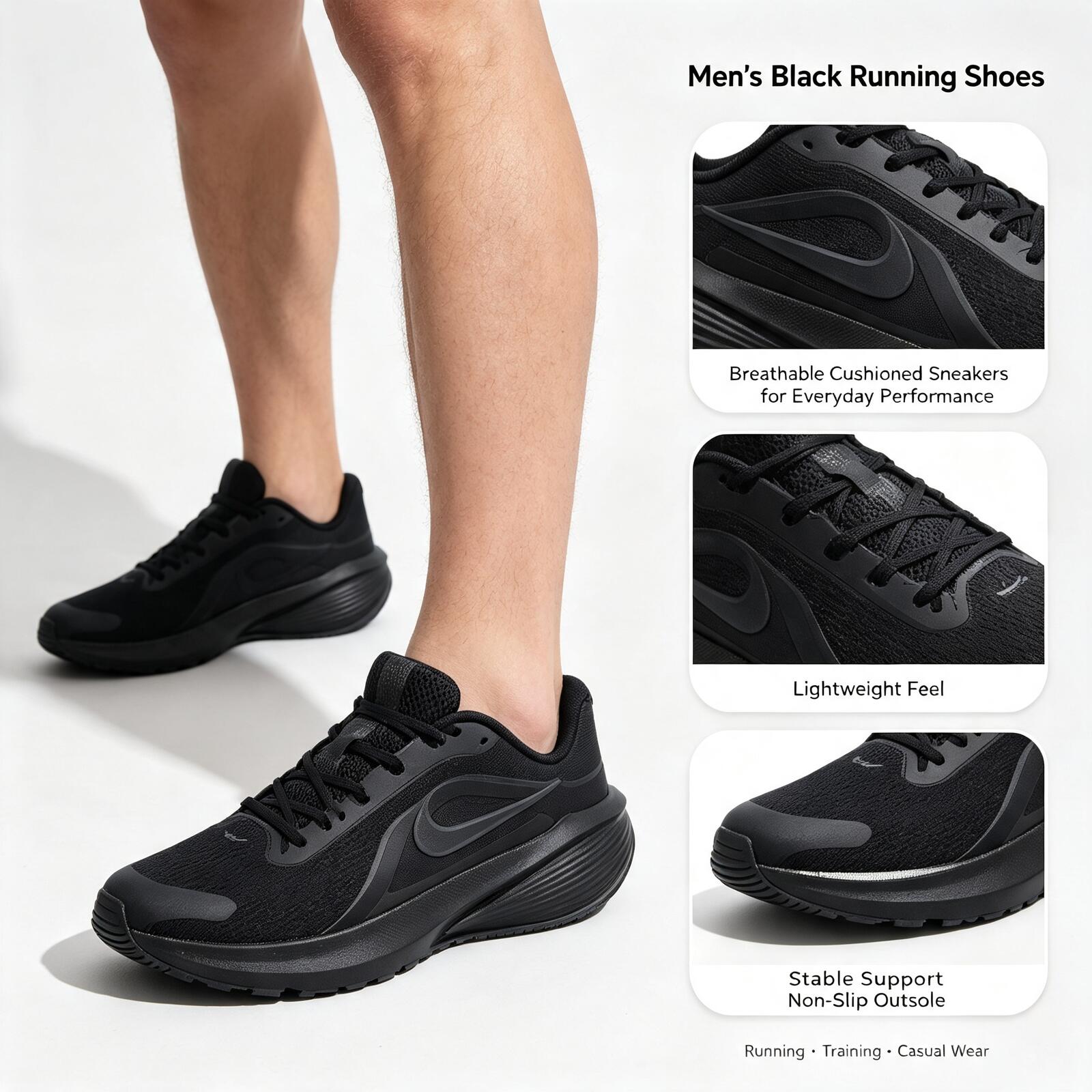 Men'S Shoes Nike Black - Nike schwarze Herren-Laufschuhe, atmungsaktive, gepolsterte Sneakers,