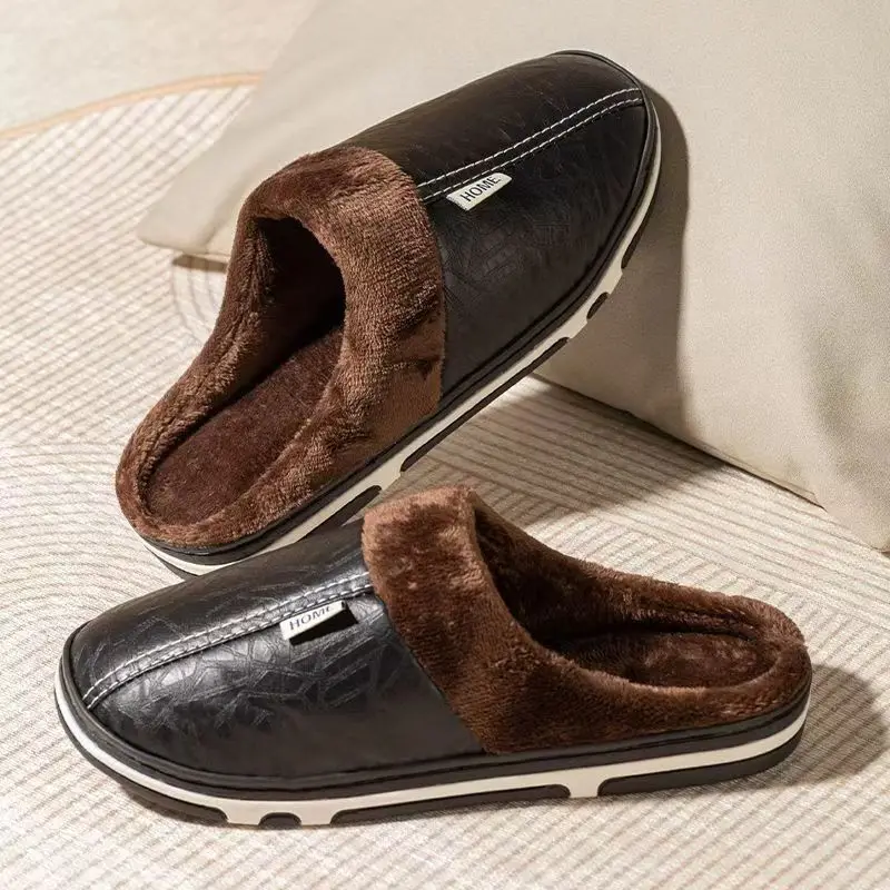 Men Shoes Xxl - Herren-Winterhausschuhe in Übergröße, PU-Leder, Wasserdicht, Flauschig,